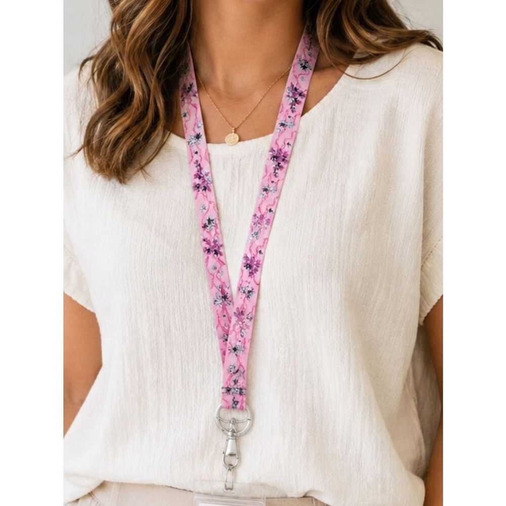Vera Bradley Breast Cancer Pink Floral Wide Lanyard Card, Key & FOB Holder NWT